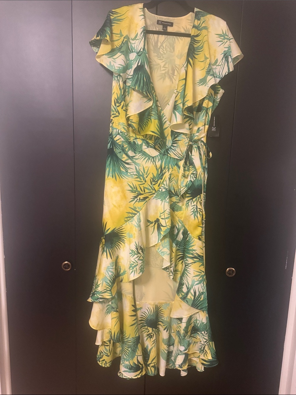 INC International Concepts Yellow Dress with Green Tropical Print